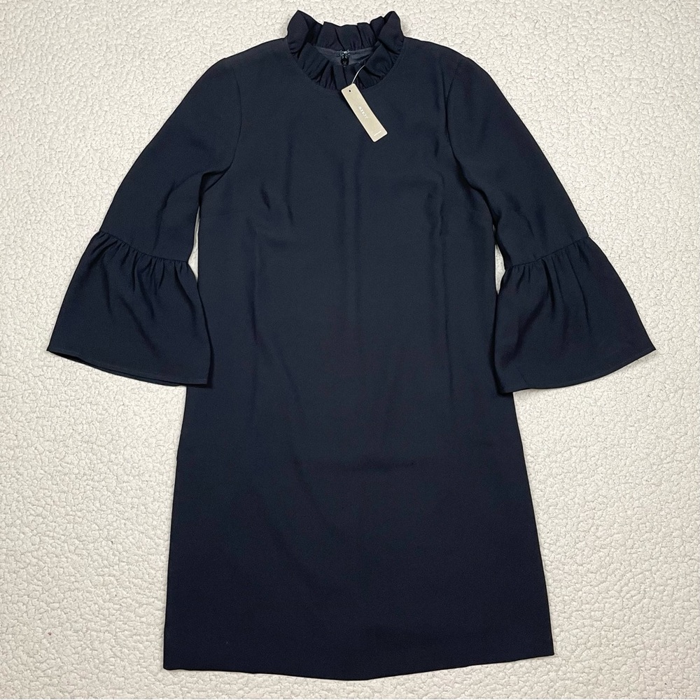 J. Crew Ruffle Neck Long Sleeve Black Shift Dress 365 Crepe